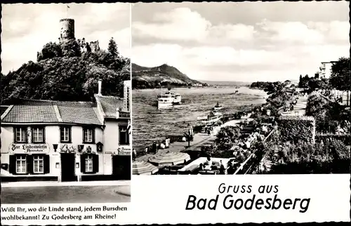 Ak Bad Godesberg Bonn am Rhein, Zur Lindenwirtin, Godesburg, Promenade, Schiff