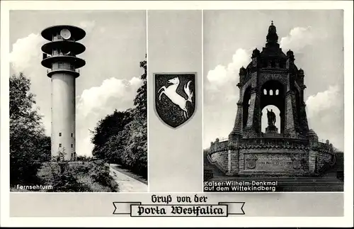 Wappen Ak Porta Westfalica an der Weser, Kaiser-Wilhelm-Denkmal, Wittekindberg, Fernsehturm
