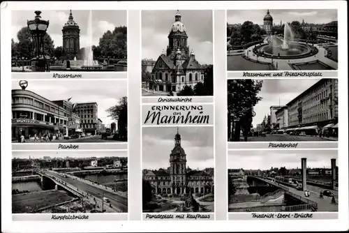 Ak Mannheim in Baden, Paradeplatz, Kaufhaus, Wasserturm, Kurpfalzbrücke, Christuskirche