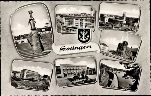 Ak Solingen im Bergischen Land, Wappen, Bahnhof, Clemenskirche, Sali-Haus, Denkmal, Dukatenhof