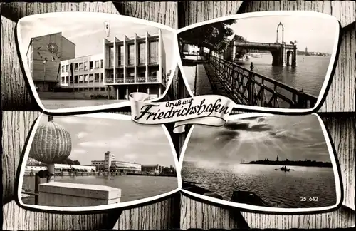 Ak Friedrichshafen am Bodensee, Brücke, Ruderpartie, Uhr