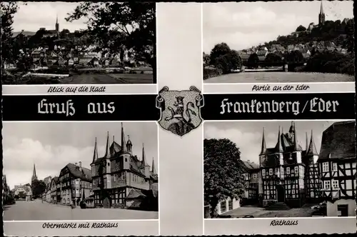 Wappen Ak Frankenberg an der Eder Hessen, Obermarkt, Rathaus, Fachwerkhäuser