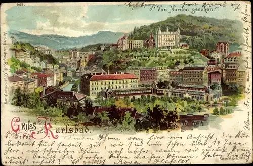 Litho Karlovy Vary Karlsbad Stadt, Stadt von Norden gesehen