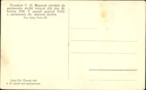 Ak Praha Prag Tschechien, Präsident T. G. Masaryk kommt am 26. Mai 1920 ins Parlament, General Pellé