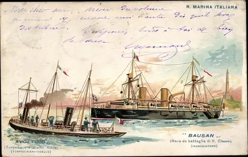 Litho Italienische Kriegsschiffe Bausan und Avoltoiio, Italienische Marine