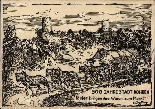 Künstler Ak O. Delling, Kohren Sahlis in Sachsen, 500 Jahre, Töpfer bringen ihre Waren zum Markt