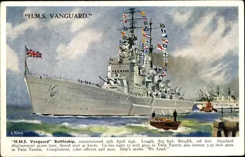Künstler Ak King, C., Britisches Kriegsschiff, HMS Vanguard, Battleship
