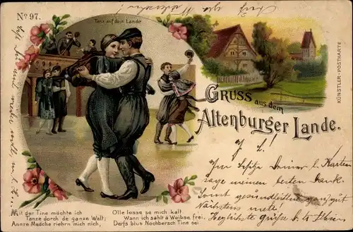 Litho Gruß aus dem Altenburger Lande, Tanz auf dem Lande, Trachten Thüringen