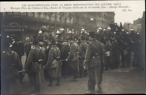 Ak Paris III, Demonstrationen für die wöchentliche Ruhe 1907, Place du Chateau d'Eau