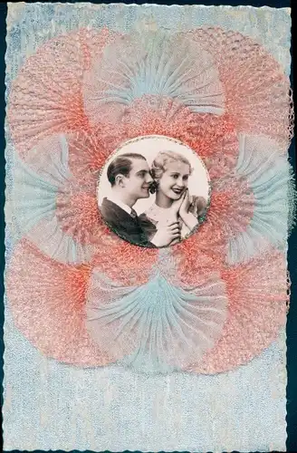 Stoff Ak Liebespaar, Portrait, Kitsch