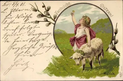 Künstler Litho Mailick, Glückwunsch Ostern, Kind mit Lamm, Weidenkätzchen
