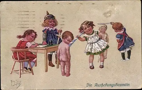 Künstler Ak Thiele, Arthur, Die Aushebungsbeamtin, Kinder, Musterung, Untersuchung, Soldat