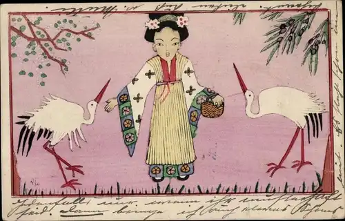 Ak Japanerin in Tracht, Störche, Japanische Volkstrachten, Bäume