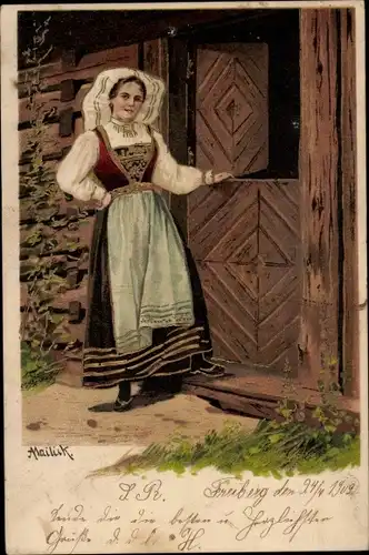 Präge Künstler Litho Mailick, Junge Frau in Volkstracht, Bäuerin