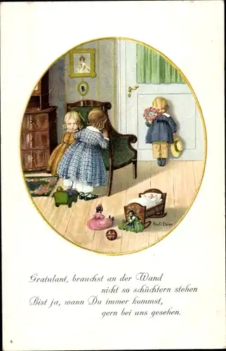 Künstler Litho Ebner, Pauli, Mädchen verstecken sich vor einem Jungen, Munk 1228