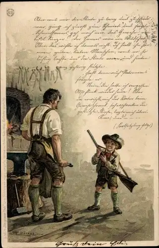 Künstler Litho Döcker, E., Schmied, Junge mit Gewehr