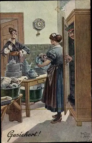 Künstler Ak Thiele, Arthur, Gesichert, Soldat versteckt sich im Schrank