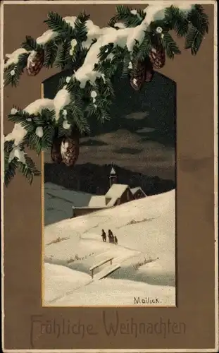 Präge Künstler Ak Glückwunsch Weihnachten, Tannenzweige, Tannenzapfen, Kirche, Winter