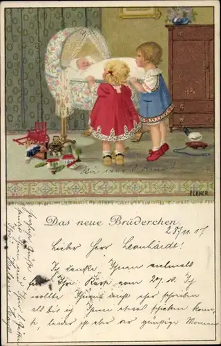 Künstler Ak Ebner, Pauli, Kinder Das neue Brüderchen, Kinder an der Wiege, Spielzeug