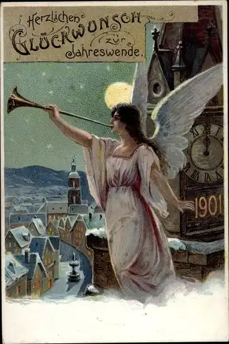 Ganzsachen Ak Glückwunsch Neujahr, Jahreszahl 1901, Engel bläst in die Fanfare