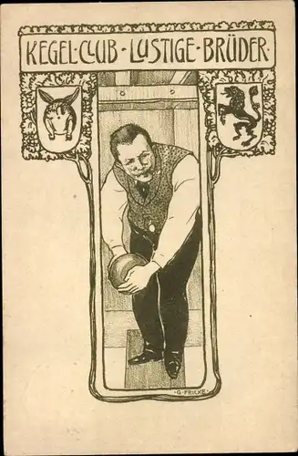 Litho Kegel-Club Lustige Brüder, Mann beim Kegeln, Wappen