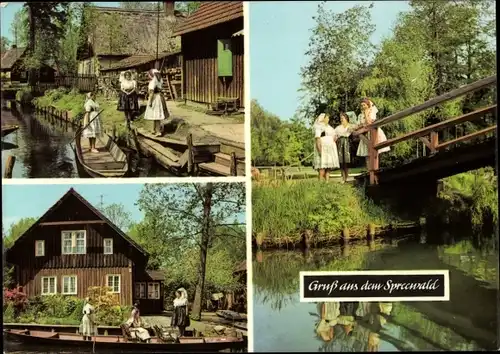 Ak Spreewald, Spreewälderinnen in Tracht, Kahn