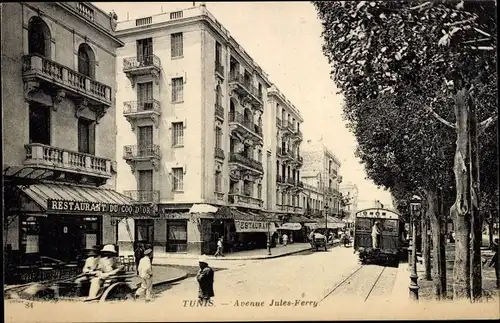 Ak Tunis Tunesien, Avenue Jules Ferry, Restaurant du Coq d'Or, Straßenbahn