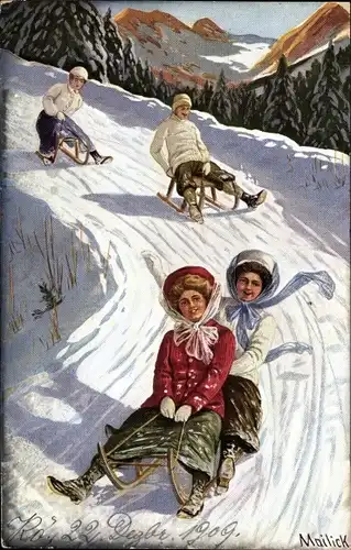 Künstler Ak Mailick, Männer und Frauen auf Schlitten bei der Abfahrt