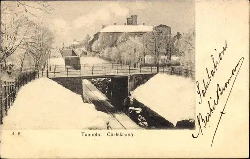 Ak Karlskrona Schweden, Schleuse, Brücke, Winter