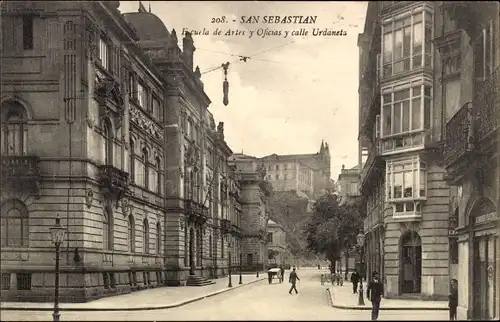 Ak San Sebastian Baskenland, Kunstgewerbeschule und Urdaneta-Straße