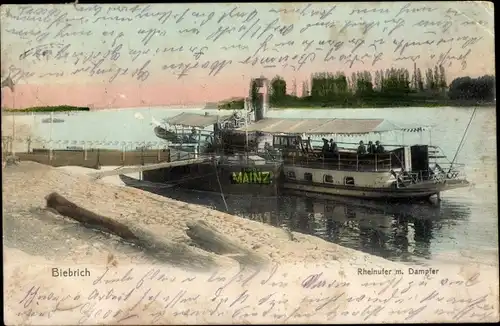 Ak Biebrich am Rhein Wiesbaden, Rheinufer, Dampfer nach Mainz