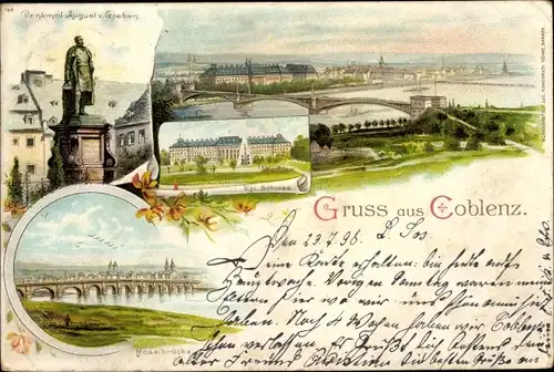 Litho Koblenz am Rhein, Panorama, Schloss, Denkmal August von Goeben, Moselbrücke