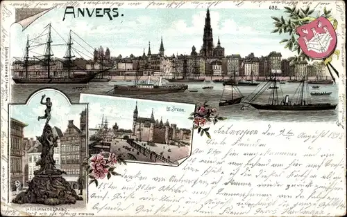 Litho Anvers Antwerpen Flandern, Le Steen, Fontaine, Teilansicht