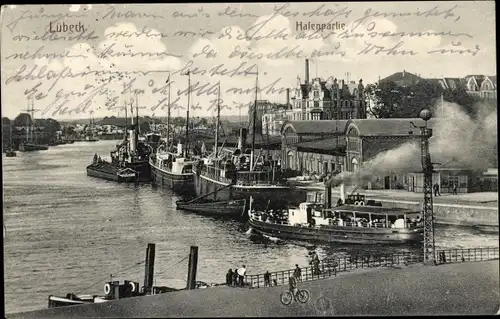 Ak Hansestadt Lübeck, Hafenpartie, Dampfer und Segelschiffe