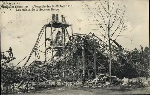 Ak Brüssel Brüssel, Ausstellung 1910, Brand vom 14.-15. August, Ruinen der belgischen Sektion