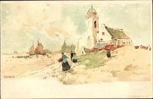 Künstler Litho Cassiers, H., Katwijk aan Zee Südholland Niederlande, Frauen in Tracht, Kirche, Boote