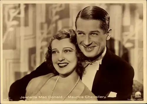 Ak Schauspielerin Jeanette MacDonald, Schauspieler Maurice Chevalier, Portrait