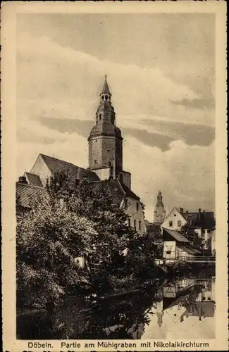 Ak Döbeln in Mittelsachsen, Mühlgraben mit Nikolaikirchturm