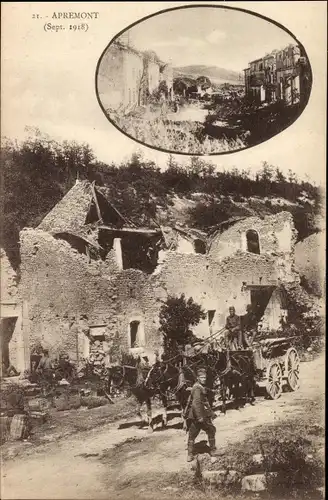 Ak Apremont Meuse, Ruines Sept. 1918, Kriegszerstörung, Straßenansicht, Pferdekutsche