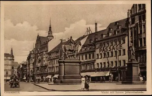 Ak Chemnitz in Sachsen, Markt, Johannisstraße, Denkmal