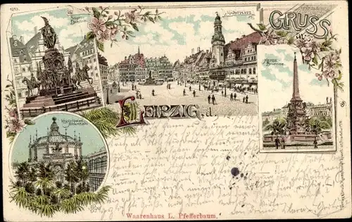 Litho Leipzig in Sachsen, Krystallpalast, Siegesdenkmal, Brunnen, Marktplatz