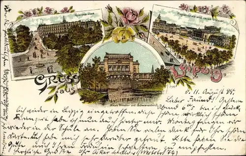 Litho Leipzig in Sachsen, Augustusplatz, neues Theater, Schwanenteich, Goethestraße