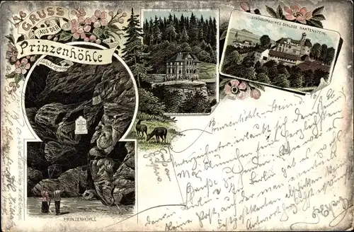 Litho Hartenstein im Erzgebirge Sachsen, Prinzenhöhle, Forsthaus, Schloss Hartenstein