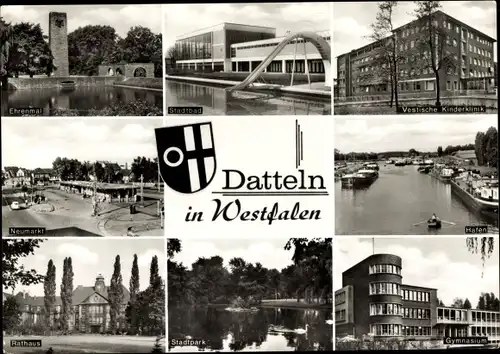 Ak Datteln im Ruhrgebiet Westfalen, Ehrenmal, Stadtbad, Vestische Kinderklinik, Neumarkt, Hafen