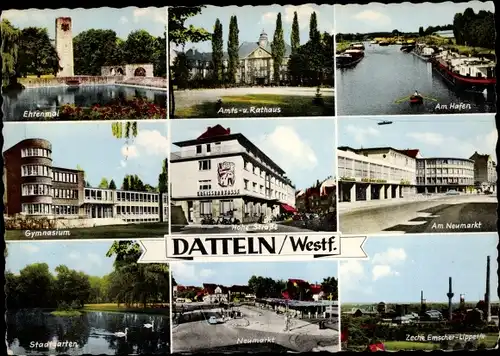 Ak Datteln Ruhrgebiet, Rathaus, Stadtgarten, Neumarkt, Ehrenmal, Hafen, Zeche Emscher-Lippe