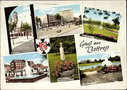 Ak Bottrop im Ruhrgebiet, Rathaus, Altmarkt, Stadtgarten, Wasserspiele, Alexander v. Humboldt Büste