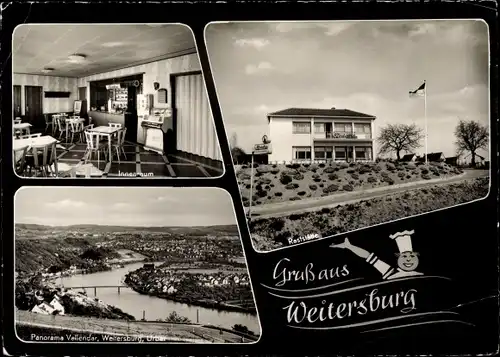 Ak Weitersburg am Rhein, Raststätte, Innenraum, Panorama Vallendar, Weitersburg