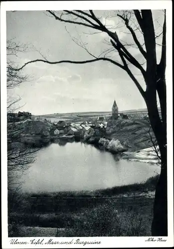 Ak Ulmen in der Eifel, Maar und Burgruine, Ortsansicht