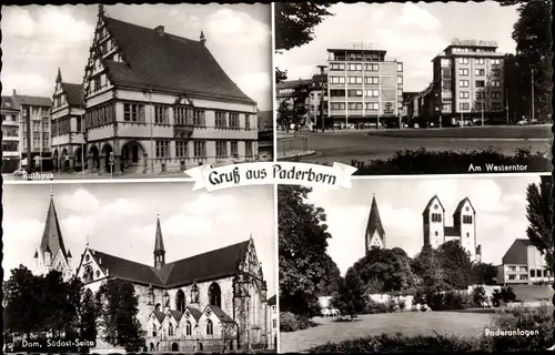 Ak Paderborn in Westfalen, Rathaus, Westerntor, Paderanlagen, Dom, Südost-Seite