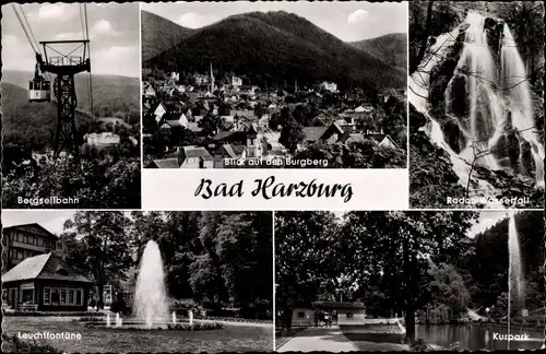 Ak Bad Harzburg am Harz, Bergseilbahn, Burgberg, Radau-Wasserfall, Leuchtfontäne, Kurpark